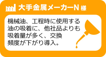 機械油、工程時に使用する油の吸着に、他社品よりも吸着量が多く、交換頻度が下がり導入。